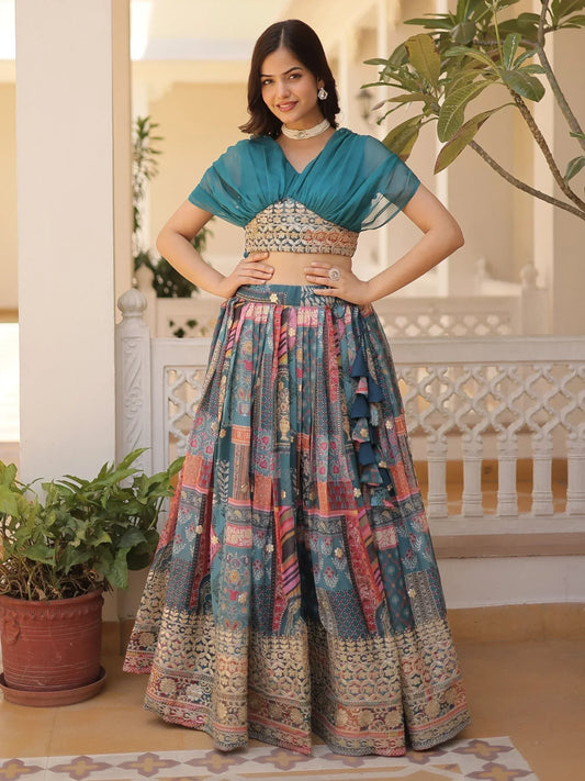 Digital Printed Silk Designer Crop Top Lehenga