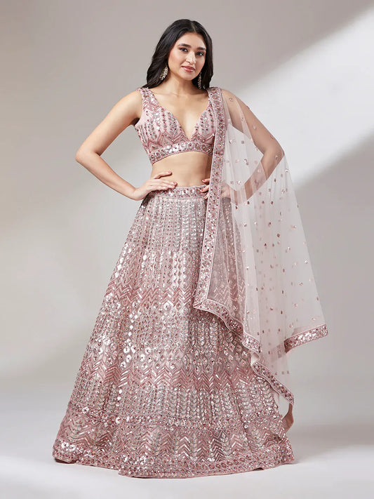 Rose Gold/Silver Net Mirror & Sequins embroidery Semi-Stitched Lehenga choli & Dupatta