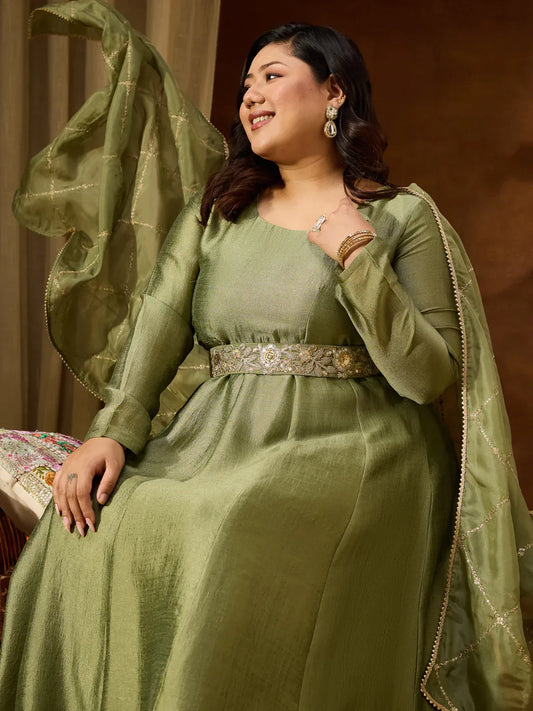 Women's Plus Size Sage Green Silk Blend Flared Gown With Embellished Belt