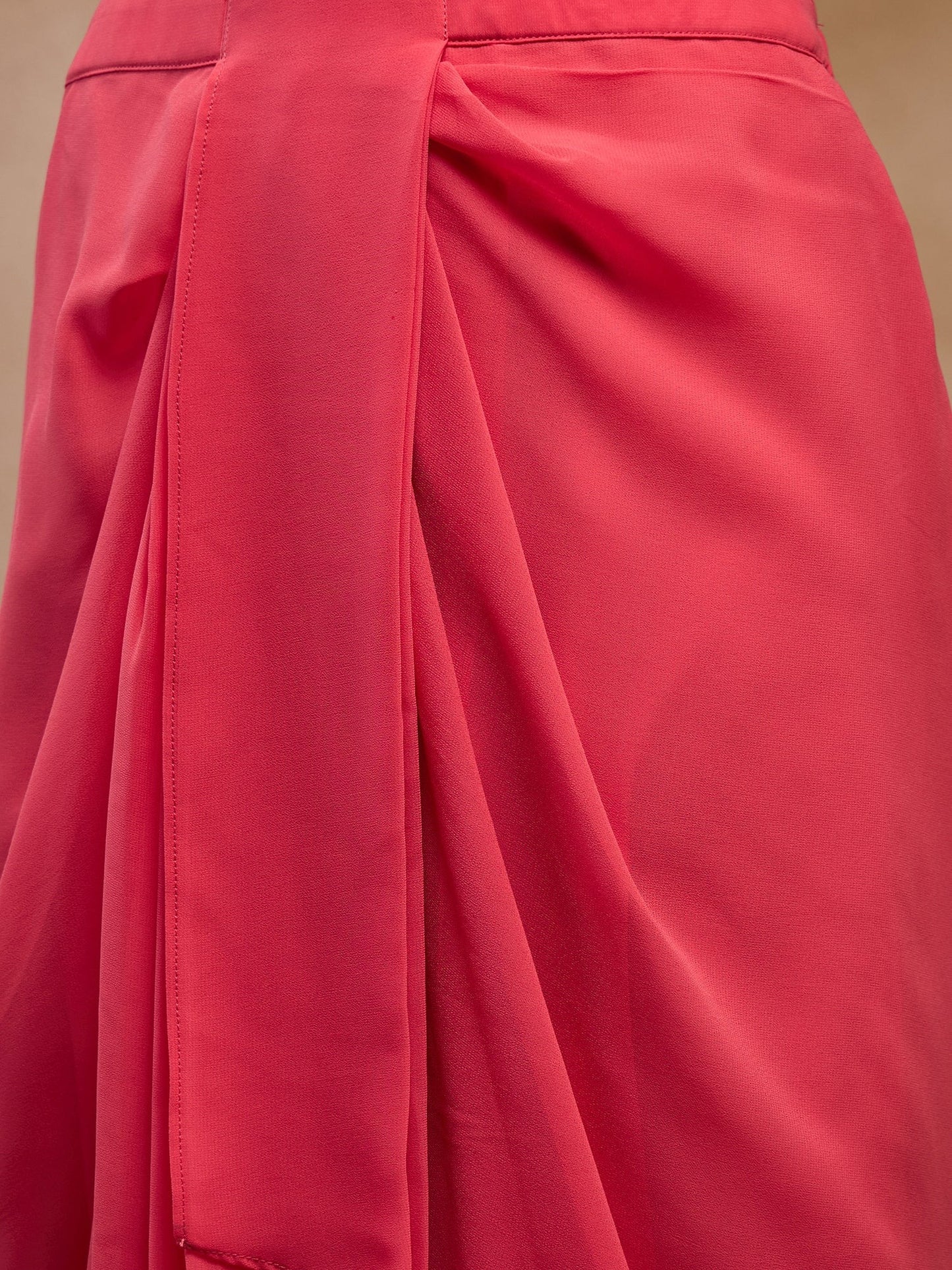 Coral V-Neck Crop Top With Draped Skirt & Cape