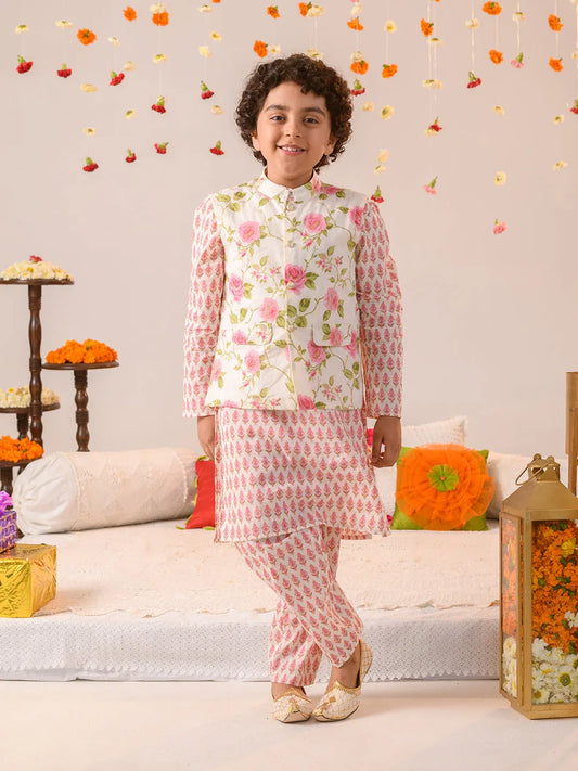 Boys Floral Printed Straight Fit Pure Cotton Kurta Pyjama with Nehru Jacket