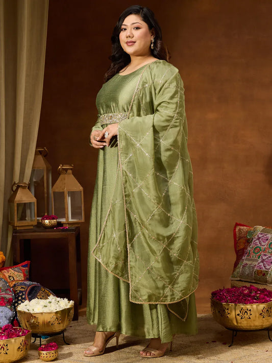 Women's Plus Size Sage Green Silk Blend Flared Gown With Embellished Belt