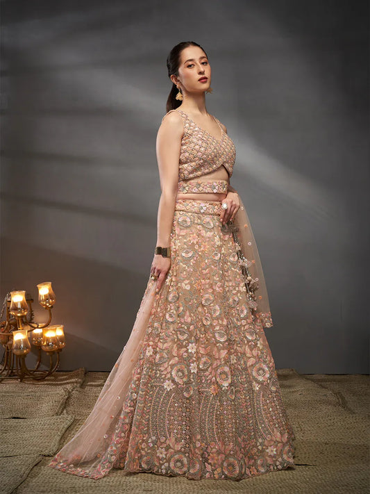 Peach - Multi Sequins Embroidered Net Semi-Stitched Bridal Lehenga choli