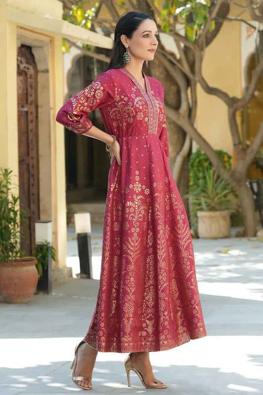 Maroon Ethnic Motif Printed Rayon Anarkali Dress