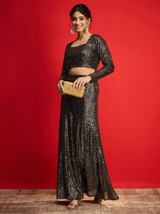 Women Metallic Shine Sequins Crop Top With Fish Cut Skirt