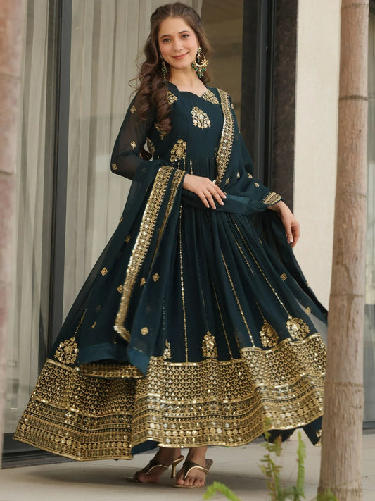 Intricate Georgette Sequins Embroidered Gown With Dupatta