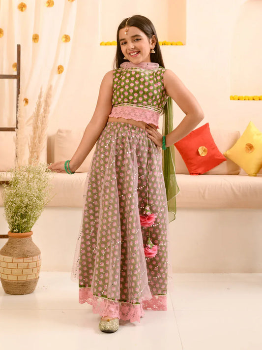 Girls Olive-Green Ethnic Booti Printed Cotton Circular Lehenga & Choli With Dupatta