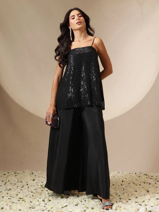 Women Black/Brown Sequin Strappy Top With Flared Pants