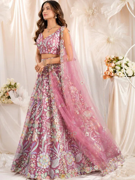 Embroidered Pink Sequined Semi-Stitched Lehenga & Unstitched Blouse With Dupatta