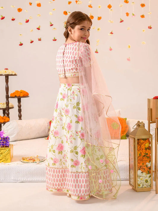 Girls Off white & Pink foil Printed Cotton Flared Lehenga & Blouse with dupatta