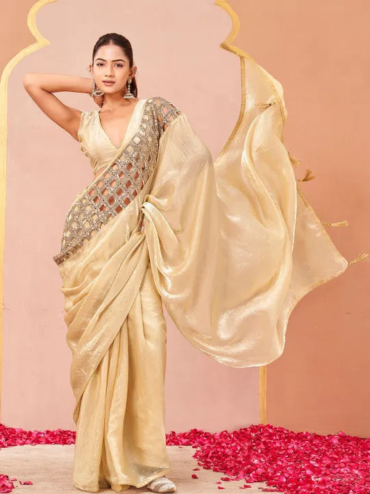 Embellished Sequinned Satin Heavy Work Saree with Embellished Border