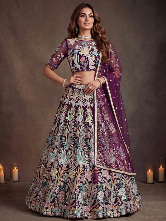 Sequins Net Engagement wear Lehenga Choli with Dupatta- Wine & Navy
