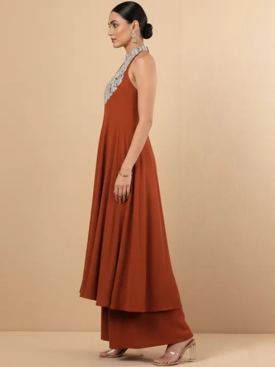 Women Ethnic Motifs Embroidered Panelled Silk Georgette Kurta with Palazzos