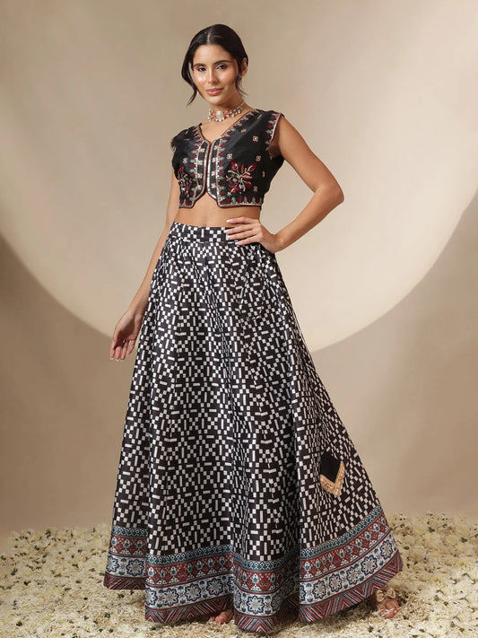 Women Black Embroidery Crop Vest With Anarkali Skirt