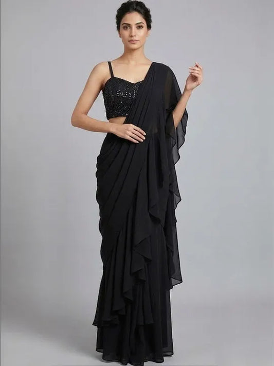 Black Embellished Poly Georgette Fusion Saree