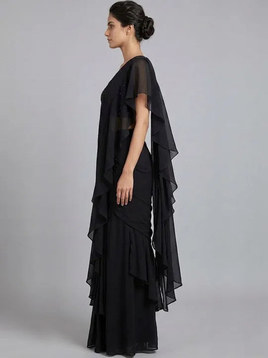 Black Embellished Poly Georgette Fusion Saree