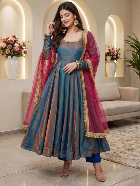 Graceful Teal Blue Mirror Laced Silk Festive Wear Anarkali Suit With Dupatta