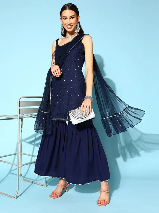 Women's Navy Blue Top to Toe Printed Fusion Sharara Sets With Dupatta