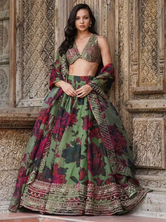 Green Floral Printed Organza Mehndi Wear Lehenga Choli