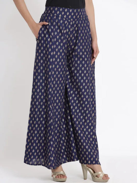 Navy Blue Ethnic Motif Printed Rayon Flared Women Palazzo With One Pocket