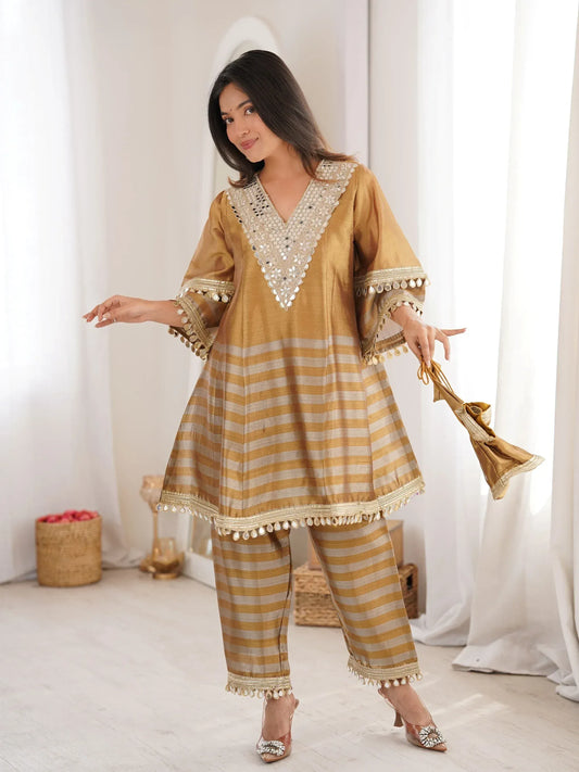 Incredible Golden Mirror Work Tissue Party Wear Co-ord Set With Batwa