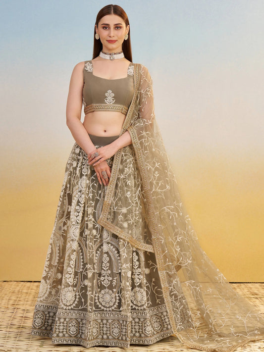 Alluring Brown Net Thread Embroidered Reception Wear Lehenga Choli