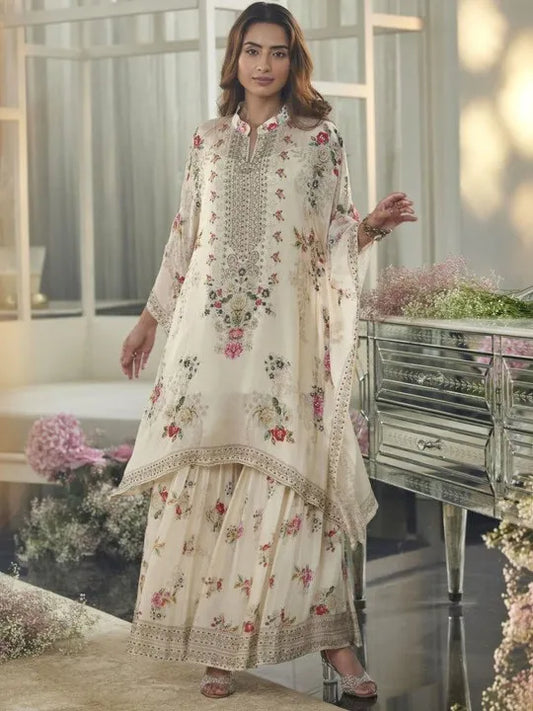 Floral Printed Mandarin Collar A-Line Kurta With Palazzos