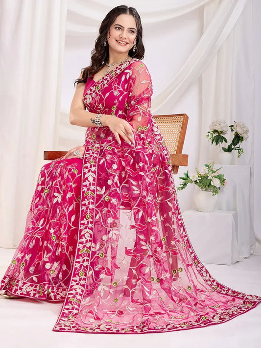 Thread Embroidered Net Party Wear Saree With Blouse - Black, Maroon, Rani Pink