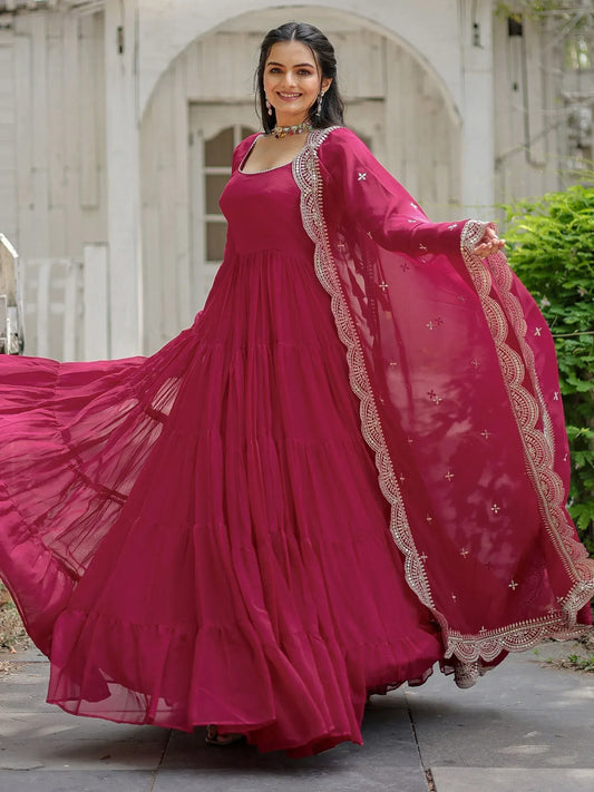 Rani Pink/ Black Georgette Wedding Wear Plain Gown With Dupatta