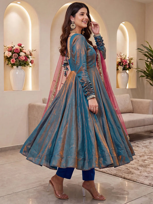 Graceful Teal Blue Mirror Laced Silk Festive Wear Anarkali Suit With Dupatta