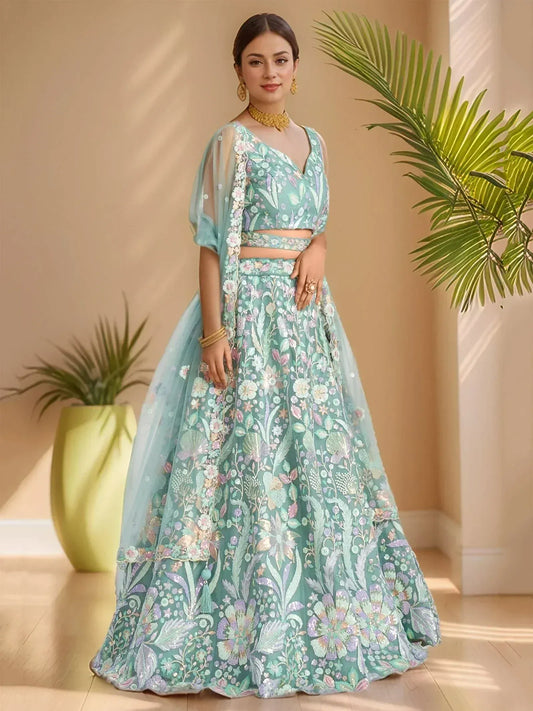 Pastels Embroidered Net Designer Lehenga Choli With Dupatta
