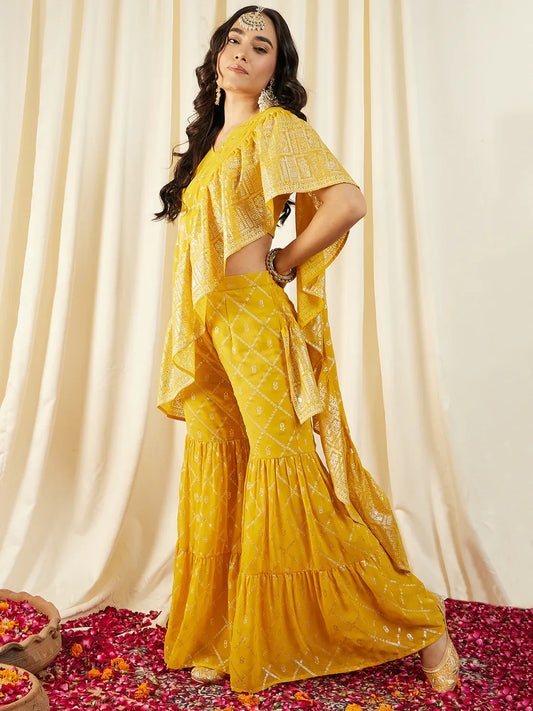 Crop Top with Sharara Saree and frill Dupatta in Ethnic Motifs