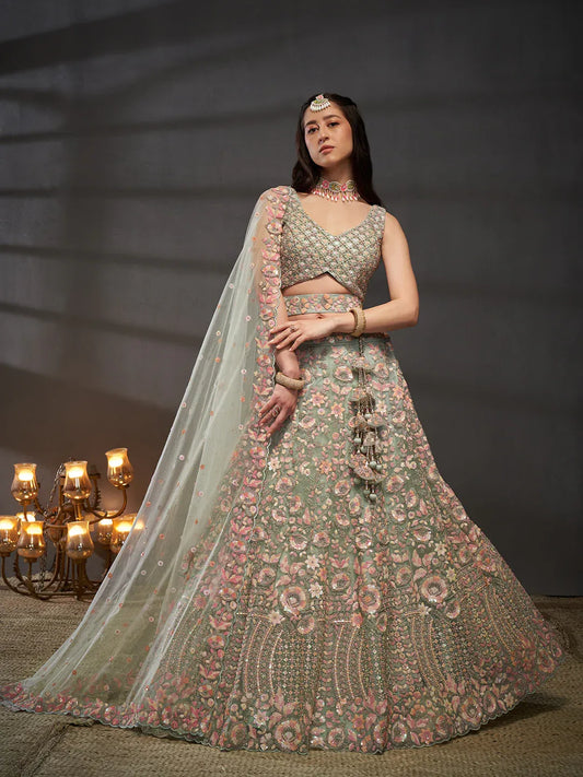 Multi Sequins Embroidered Net Semi-Stitched Bridal Lehenga choli