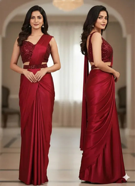 Embroidered Embellished Pre Draped Ready to Wear Lycra Saree Maroon