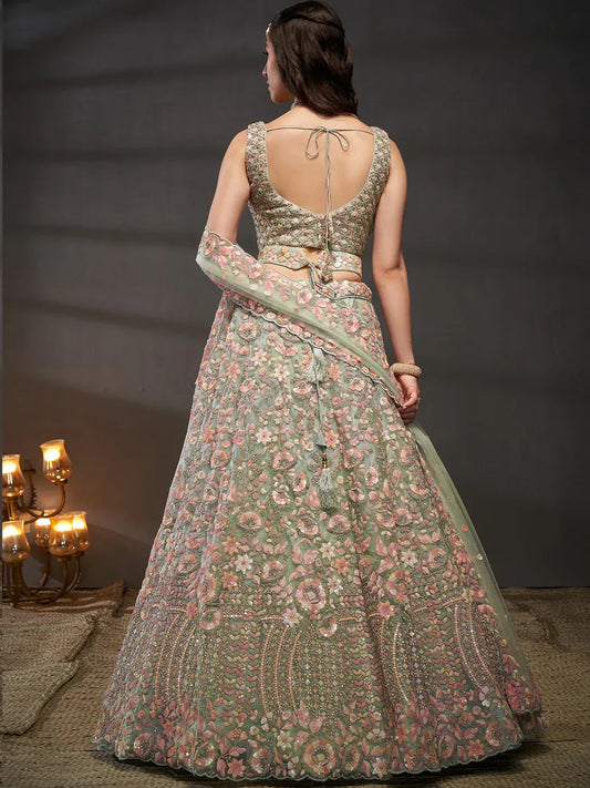 Multi Sequins Embroidered Net Semi-Stitched Bridal Lehenga choli