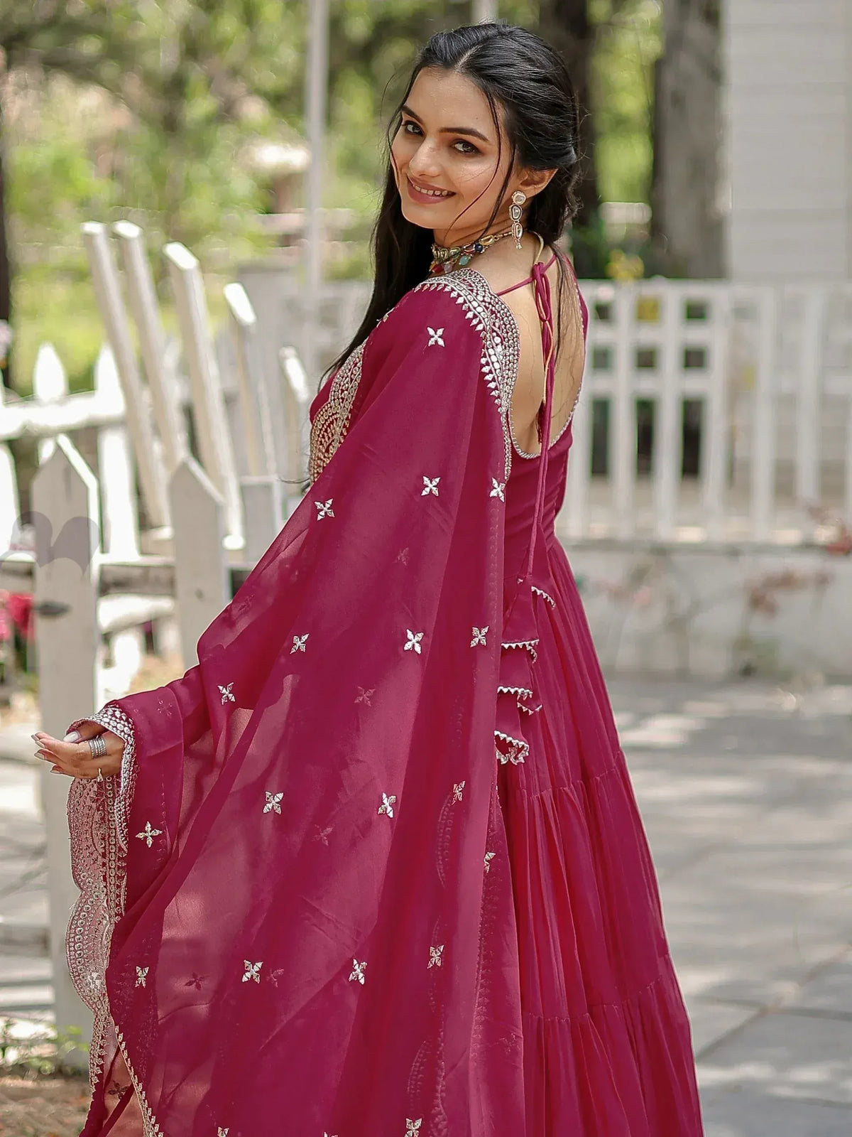 Rani Pink/ Black Georgette Wedding Wear Plain Gown With Dupatta
