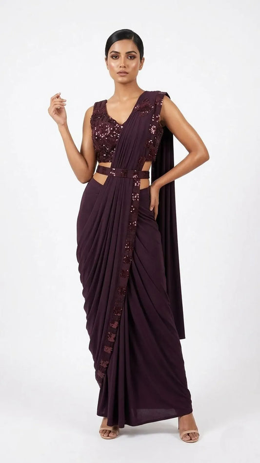 Alluring Maroon Embellished Designer Pre Draped Lycra Saree