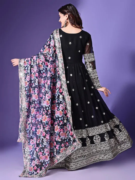 Floral Embroidered Sequined Georgette Anarkali Kurta With Dupatta