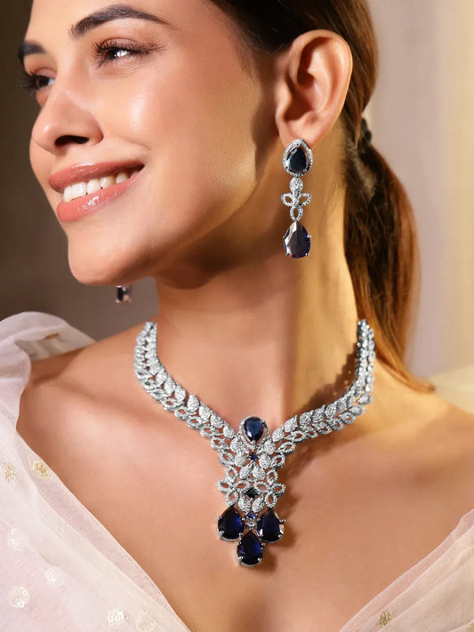 American Diamond Zirconia Blue Floral Necklace Set