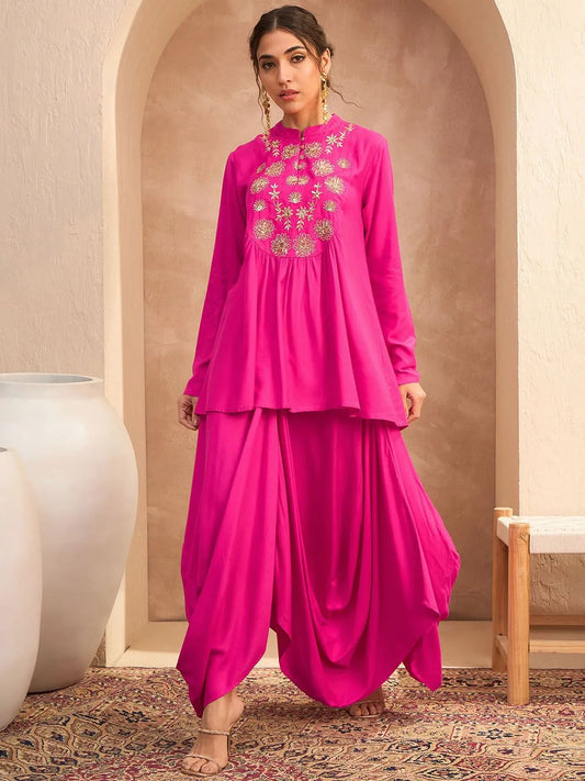 Floral Embroidered Pleated Sequined A-Line Fusion Kurti with Dhoti Pant