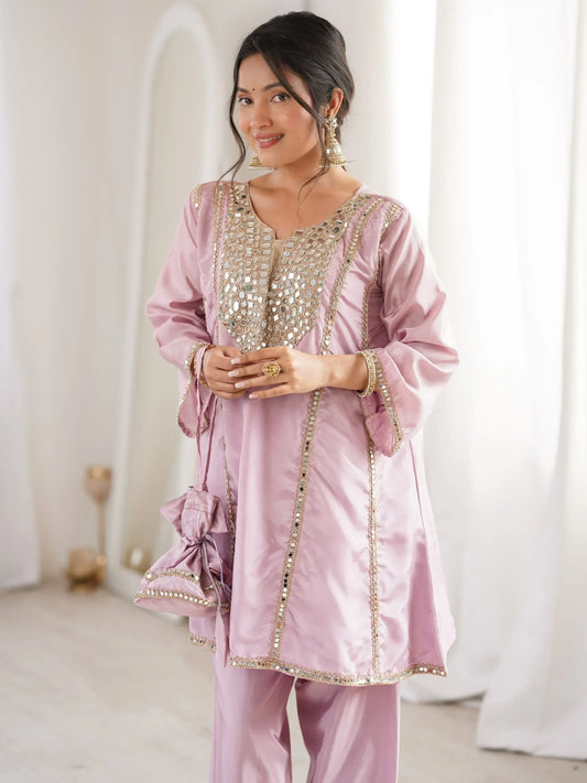 Pastel Mirror Work Silk Designer Pant Suit