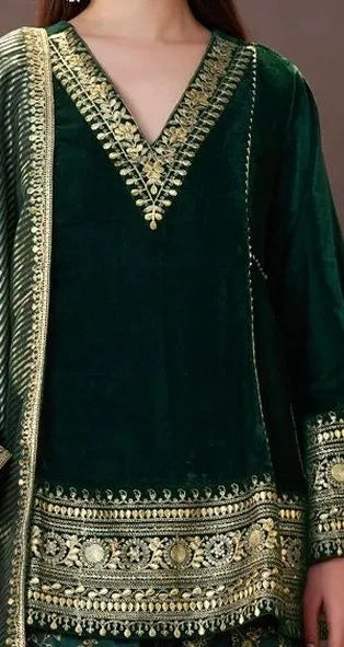 Women Ethnic Motifs Embroidered Regular Velvet Kurta with Farshi & With Dupatta