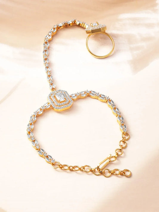18KT Gold-Plated Cubic Zirconia Studded Hand Harness Ring Bracelet