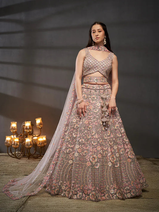 Lavender - Multi Sequins Embroidered Net Semi-Stitched Bridal Lehenga choli