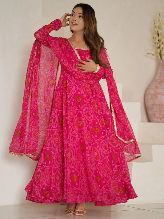 Fabulous Pink Bandhani Printed Georgette Event Wear Anarkali Suit
