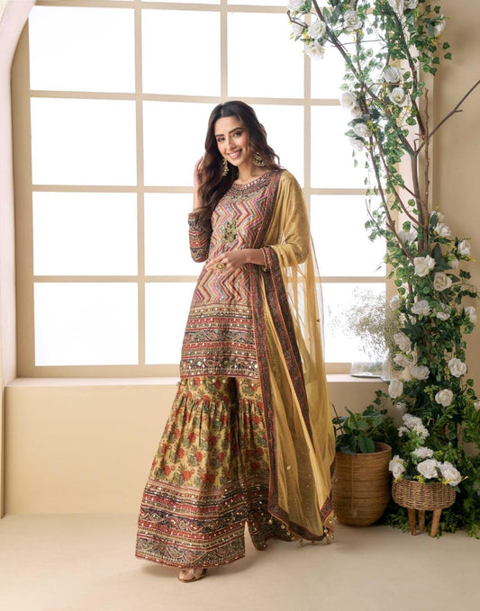 Pastel Multicolor Printed Kurta Sharara Suit with Elegant Dupatta