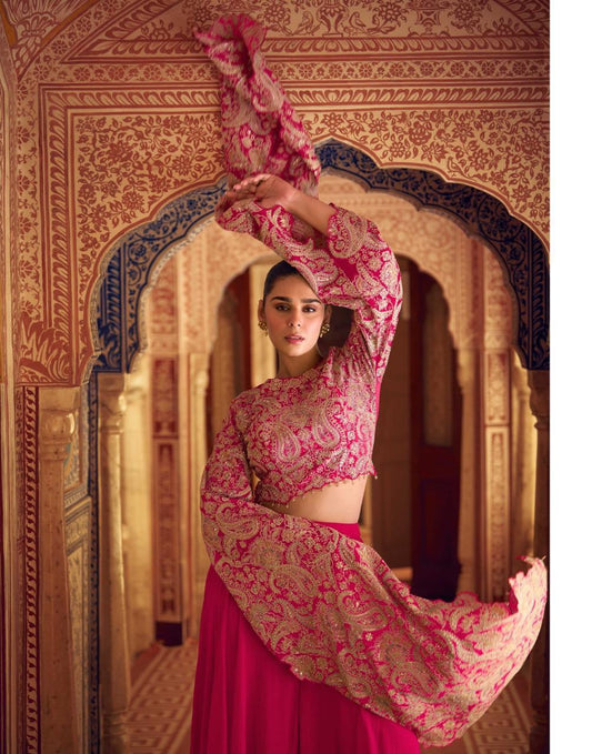 Rani Pink Heavy Embroidered Lehenga Choli Set with Flowing Dupatta