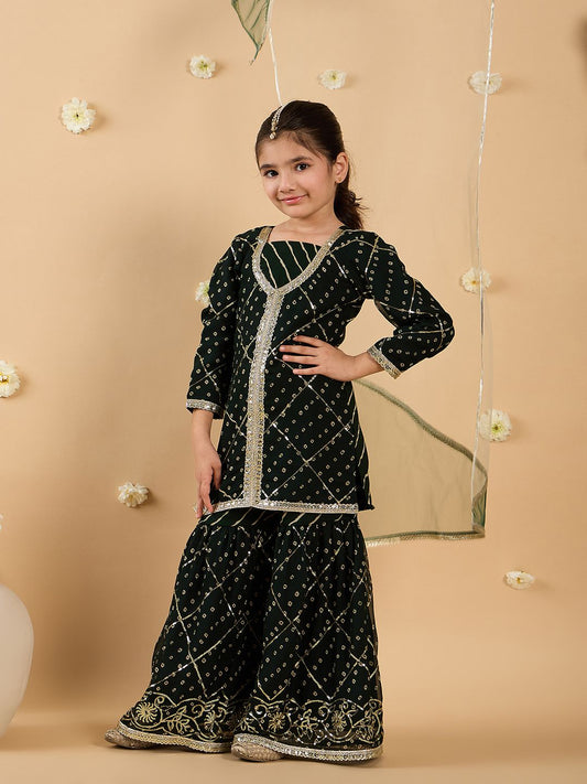 Girls Bandhani Embroidered Angrakha Sequinned Kurta with Sharara & With Dupatta
