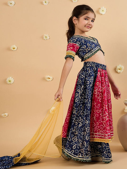Girls Bandhani Printed Gotta Patti Cotton Lehenga With Choli And Dupatta