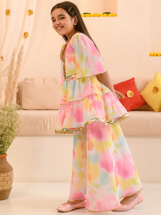 Girls Dyed Layered Gotta Patti Georgette Kurta with Sharara